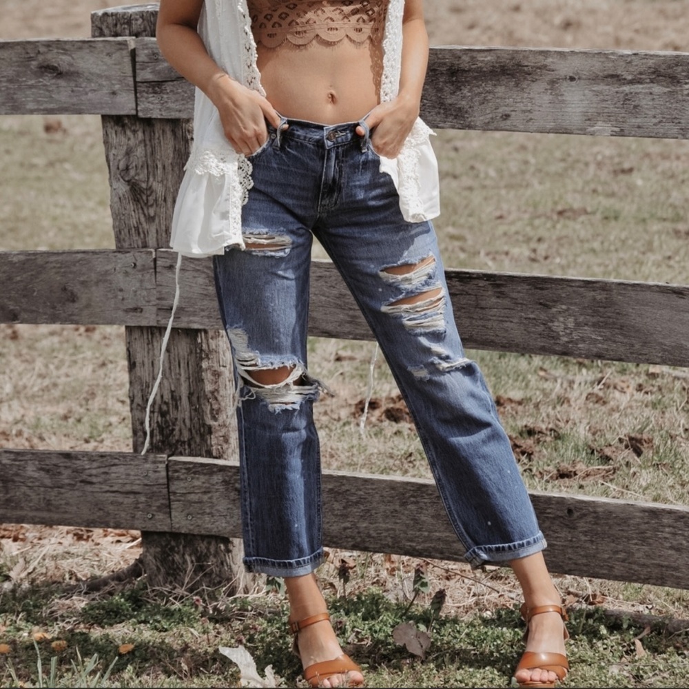Mid-Rise Distressed Boyfriend Denim
